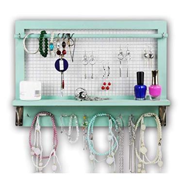 Imagem de DUCIHBA Organizador de joias de parede com prateleira, haste removível, ganchos, turquesa, 40 x 30 x 7 cm, brincos, colares, pulseiras, anéis, armazenamento de exibição
