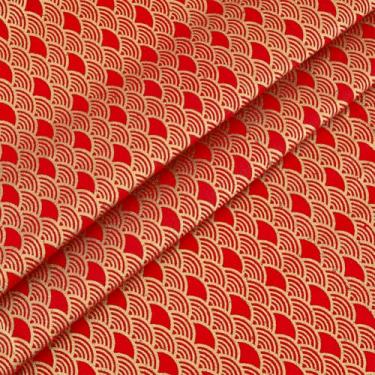 Imagem de MAYJOYDIY Tecido de escama de sereia vermelha 1,1 jarda 149,9 cm de largura tecido de algodão ondulado em forma de leque pano estilo japonês para projetos de artesanato de costura e decoração de