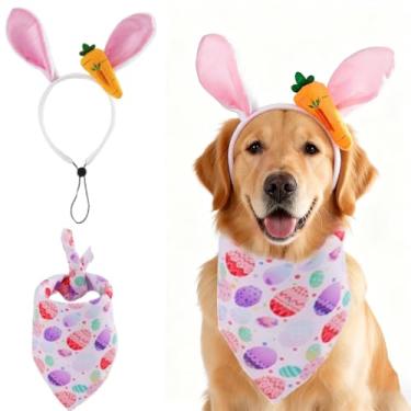 Imagem de JAAQUCD Fantasia de páscoa para cães, orelhas de coelho, faixa de cabeça e bandanas de ovo, conjunto de bandanas para filhotes, roupas para cães pequenos, médios e grandes (rosa, grande)