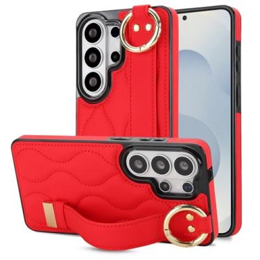 Imagem de Capa para Samsung Galaxy S26 Ultra com alça de pulso, elegante capa traseira de couro acolchoado para mulheres, capa fina protetora à prova de choque com suporte e anti-impressão digital (vermelha)