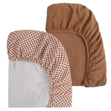 Imagem de Onacosht Lençóis de musselina para berço de 99 x 68,5 cm, pacote e jogo de lençol com colchão, de algodão macio para meninos e meninas, pacote com 2, xadrez e marrom