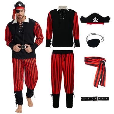 Imagem de Conjunto de 6 peças de fantasia de pirata para adultos masculinos renascentistas, camisa de pirata, calça viking, conjunto de chapéus para Halloween (preto, G)