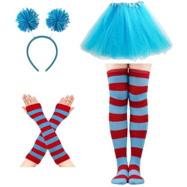 Imagem de DALJIAFA Tiara de pompom de Halloween, tutu listrado, meias de cabelo azul, faixas de cabelo para mulheres, faixa de cabelo, faixa de cabelo, meia-calça, saia, cosplay, fantasia, festival, desfile