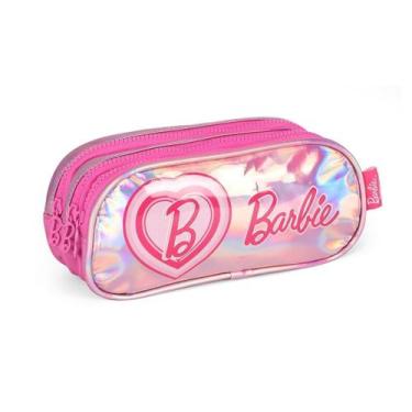 Imagem de Estojo Barbie Triplo Holográfico Infantil Meninas Rosa