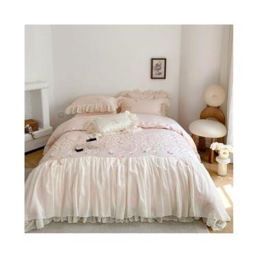 Imagem de Conjunto de cama de princesa romântica rosa com bordado requintado e renda de babados, capa de edredom leve e macia conjunto de 4 peças (200 cm)