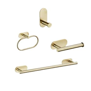 Imagem de Sem perfuração conjuntos de acessórios de banheiro preto suporte de papel higiênico rolo de papel toalheiro barra trilho anel roupão roupas gancho ferragens, ouro 4 peças, 1
