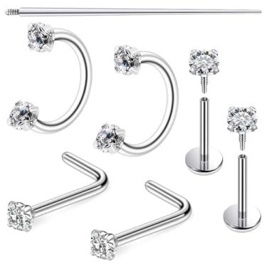 Imagem de Dyknasz Anel de nariz em ferradura 18G com rosca interna, argolas de aço cirúrgico, meio duplo, zircônia cúbica, piercing de nariz, lábio, sobrancelha, hélice, daith, piercing de orelha para mulheres