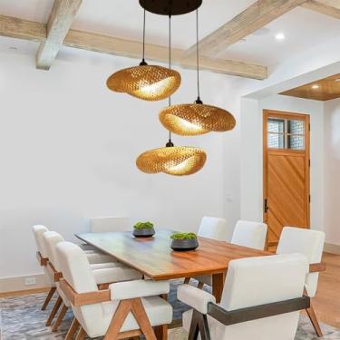 Imagem de Abajur de bambu trançado, conjunto de três peças de luminária pendente de bambu, estilo vietnamita, lustre decorativo para teto, ideal para restaurante, corredor, sala de estar, bar ou cafet