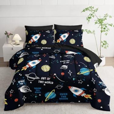 Imagem de Smell Sunshine Jogo de cama com estampa de foguete espacial de astronauta, 1 edredom, 1 lençol de cima, 1 lençol com elástico e 4 fronhas para quarto de meninos e meninas (casal de astronauta)