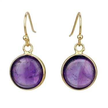 Imagem de Brincos de jade, brincos de pedra verde redondos banhados a ouro para mulheres, brincos de pedra do mês de nascimento de cristal natural feitos à mão, 13mm, Latão, Ametista