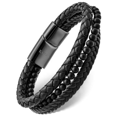 Imagem de RTZN® Pulseira masculina com vários fios – Pulseira de couro trançado e contas de ônix preto artesanal premium – Pulseira masculina autêntica de ônix preto e couro, Small, Medium, Large, Couro