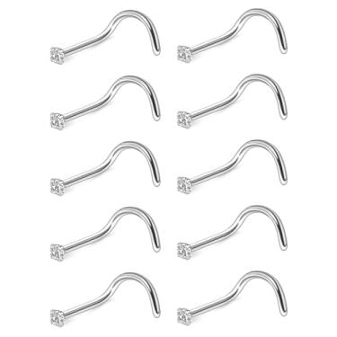 Imagem de Dyknasz Piercing de nariz de aço cirúrgico com zircônia cúbica, 10 peças, minúsculos anéis de narina para mulheres, piercing de osso de parafuso e piercing de narina em forma de L, joias 24G 22G 20G