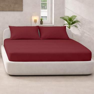 Imagem de Rajlinen Conjunto de lençóis King King para cama de água King/California, 100% microfibra, cabe em bolsos profundos de até 40,6 cm, lençol com elástico e plano, 4 peças, macio, refrescante, cor bordô