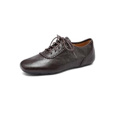 Imagem de TinaCus Sapatos femininos Oxford com cadarço de couro macio feito à mão bico redondo casual para negócios, Marrom, 34