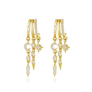 Imagem de BOOZIQ Brincos pendentes de ouro para mulheres, cruz de ouro, estrela e lua, brinco de argola tripla de zircônia cúbica, joia moderna, presente para mulheres, Large, Metal, Sem pedra preciosa