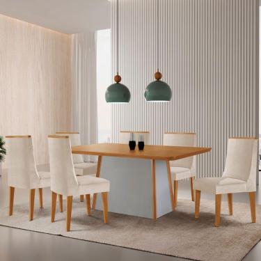Imagem de Mesa De Jantar Diane 180cm Tampo Mdf Lam 6 Cadeiras Lisboa Moderna Veludo Creme Naturale Off White