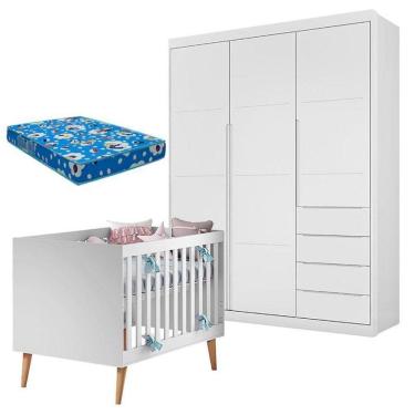 Imagem de Berço Americano Ludmila E Guarda Roupa Blenda Branco Acetinado Com Colchão - Phoenix