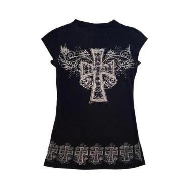 Imagem de Camiseta Casual Feminina Com Manga Curta, Estampa Gótica De Cruz, Deco
