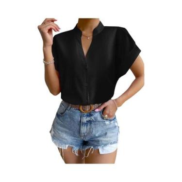 Imagem de Blusa feminina de botão de couro PU, Turn Down Collar, Bodycon Working