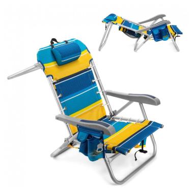 Imagem de Cadeira de Praia Dobrável com 5 Posições, Porta Bebidas e Apoio para Cabeça, Homevative, Amarela e Azul