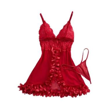 Imagem de Conjunto De Camisola Transparente De Renda E Tanga Para Mulheres, Ling