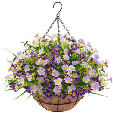 Imagem de Flores artificiais penduradas com decoração ouddy com cesta roxa - Oud