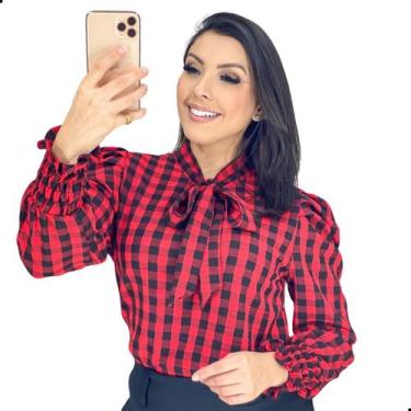 Imagem de Blusa Xadrez Feminina Manga Longa Bufante Princesa Gola Laço - Look Mo