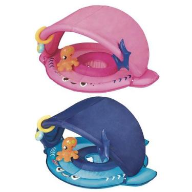 Imagem de Bóia Infantil Tubarão Fralda e Para-Sol Azul ou Rosa Mor