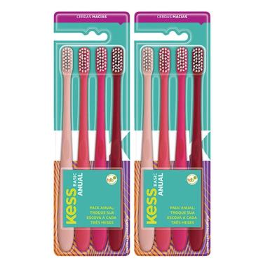 Imagem de Kit Escova de Dente Kess Basic Cerdas Macias Nylon Design Ergonômico Rosa Pack Anual com 8 Unidades