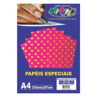 Imagem de Kit 10 Papéis Bolinha Metalizada Rosa A4 120g - Off Paper