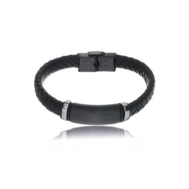 Imagem de Pulseira Masculina Couro Trançado Preto 21cm com Placa Aço Black Rosso