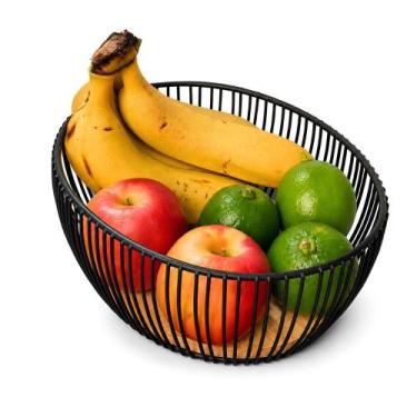 Imagem de Fruteira Oval Pequena BSMIX Base Madeira Natural Metal Preto Fosco Por