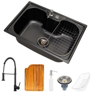 Imagem de Cuba Para Cozinha Gourmet Pia Aço Inox Com Acessórios Tábua De Corte Carajás Preta E Torneira Monocomando Envira Preta Pingoo.casa