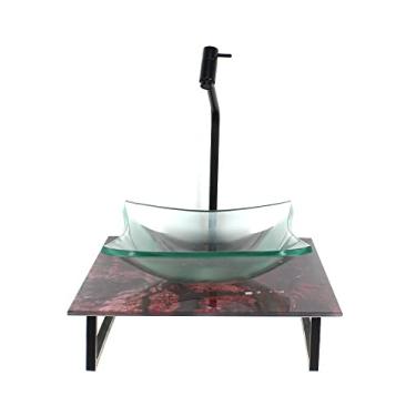 Imagem de KIT CUBA DE VIDRO QUADRADA 10MM INCOLOR COM TAMPO DE VIDRO 40CM X 40CM MÁRMORE AVERMELHADO E SUPORTE PRETO