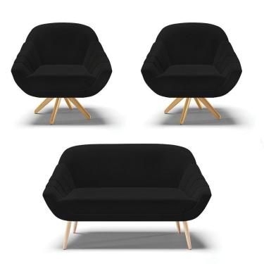 Imagem de Kit 1 Namoradeira E 2 Poltronas Giratória Linho Preto A79