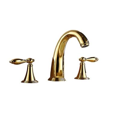 Imagem de LIDON Torneiras de banheiro Latão Torneira de pia de banheiro 3 furos Torneira de latão antigo Banheiro 3 furos quente e frio Duas alças Torneira de banheiro Três furos para banheiro, preto (Cor: Ouro)