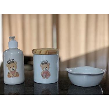 Imagem de Kit Higiene Bebê 3 peças com molhadeira - Princesa Ursinha Rosa - Porcelana Tampa Pinus