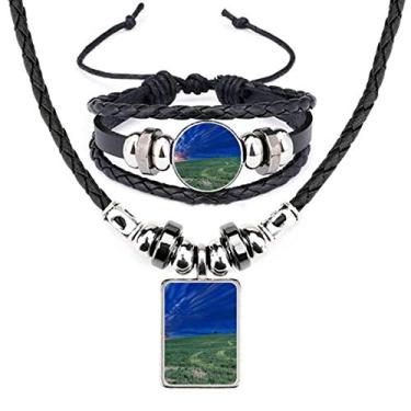 Imagem de Conjunto de joias Grassland verde azul céu art déco presente fashion colar pulseira colar de couro