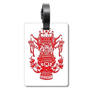 Imagem de Lanterna chinesa vermelha padrão de lótus bolsa etiqueta cartão de bagagem pendurado etiqueta Scutcheon etiqueta