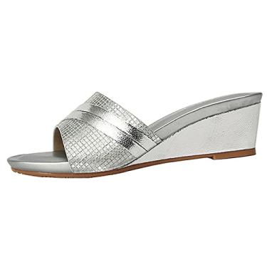 Imagem de Sandálias femininas dedo aberto slides casual verão praia ao ar livre chinelo anabela casamento noiva sapatos femininos, prata, 41 EU/10 EUA