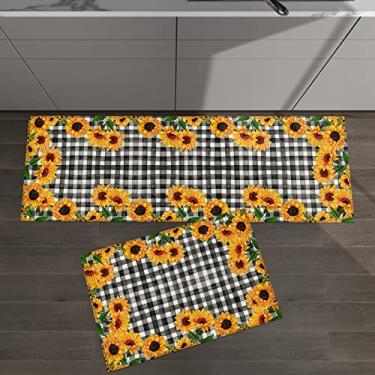 Imagem de Conjunto de 2 tapetes de cozinha girassol aquarela branco preto búfalo xadrez verão casa de fazenda para tapetes e tapetes acolchoados antiderrapante corredor confortável tapete de pé