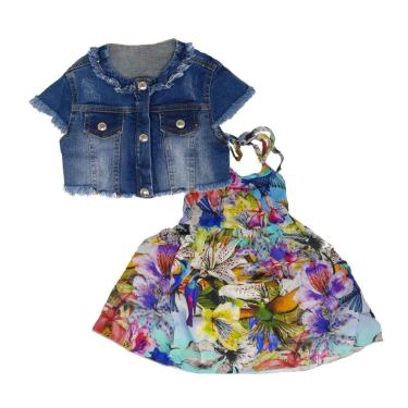 Imagem de Vestido Viscose com Casaquinho Jeans Infantil Menina