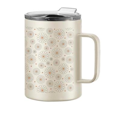 Imagem de Oggi Caneca térmica ThermoMug de aço inoxidável - parede dupla isolada a vácuo com alça e tampa, xícara de café, caneca de acampamento, garrafa térmica de viagem, 420 ml, margarida