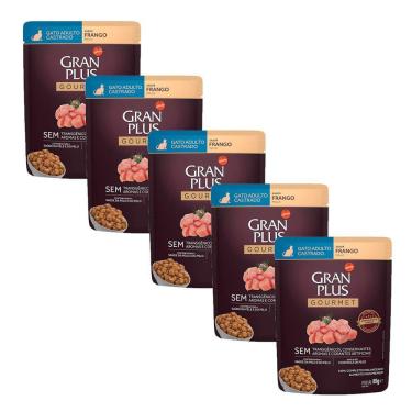 Imagem de KIT 5 Ração Úmida Gran Plus Gourmet Gatos Adultos Castrado Frango Sachê 85g