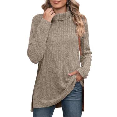 Imagem de Suéter feminino de gola rolê manga longa outono inverno tricotado solto suéter suéter suéter de cor sólida dividido grandes, Café, XX-Large