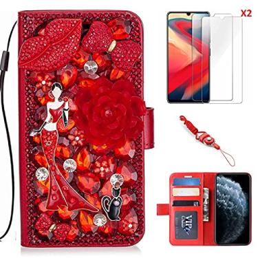 Imagem de HFICY Capa carteira feminina com 2 peças de protetor de tela de vidro Bling Diamonds Couro Filo Stand Capa de telefone com cordões para mulheres (vermelho sexy batom menina gato, para Xiaomi Poco X6
