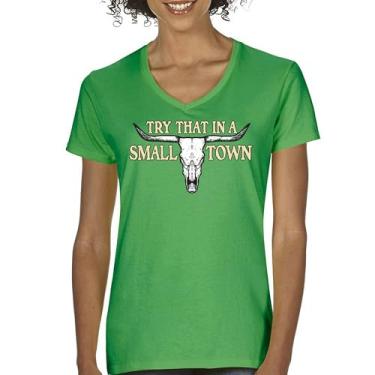 Imagem de Camiseta feminina Try That in a Small Town Cattle Skull gola V Patriótica Americana Música Country Conservadora Republicana, Verde, M