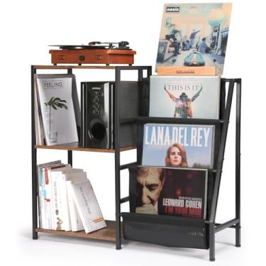 Imagem de HYCFYJR Suporte para toca-discos, armazenamento de discos de vinil de 3 níveis, suporte de toca-discos com suporte para tocar, exibição de vinil para sala de estar, marrom rústico