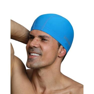 Imagem de Touca de natação masculina adulto tecido de nylon macio cabelo curto cor sólida chapéu de natação confortável respirável alta elasticidade (azul)