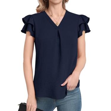 Imagem de DILIUXING Blusas femininas de chiffon elegantes de verão, manga curta, gola V, túnica para leggings e camisetas casuais, Azul-marinho, 3G